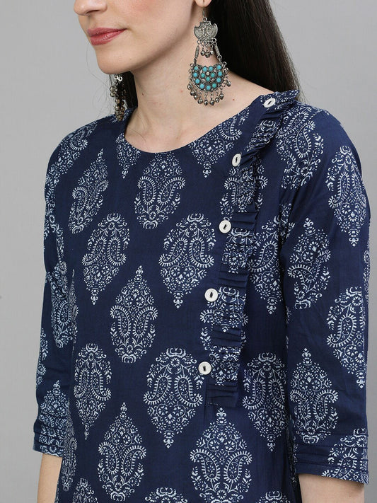 Women Navy Blue & White Printed Straight Kurta | LASVINI - Redefining Indian Fashion with Elegance
