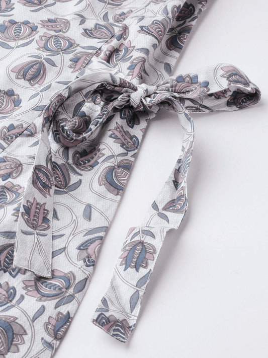 Women Grey Calf Length Three-Quarter Sleeves A-Line Floral Printed Cotton Kurta | LASVINI - Redefining Indian Fashion with Elegance