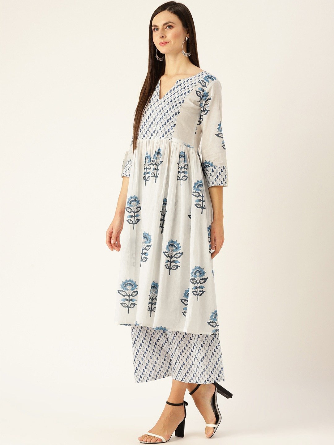 Women White Three-Quarter Sleeves Flared Kurta Palazzo And Dupatta Set | LASVINI - Redefining Indian Fashion with Elegance