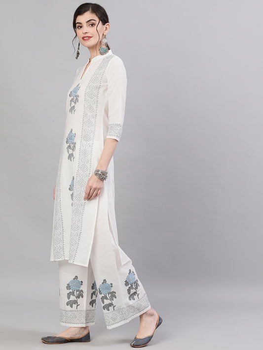 Women White Three-Quarter Sleeves Straight Kurta With Palazzo Set | LASVINI - Redefining Indian Fashion with Elegance