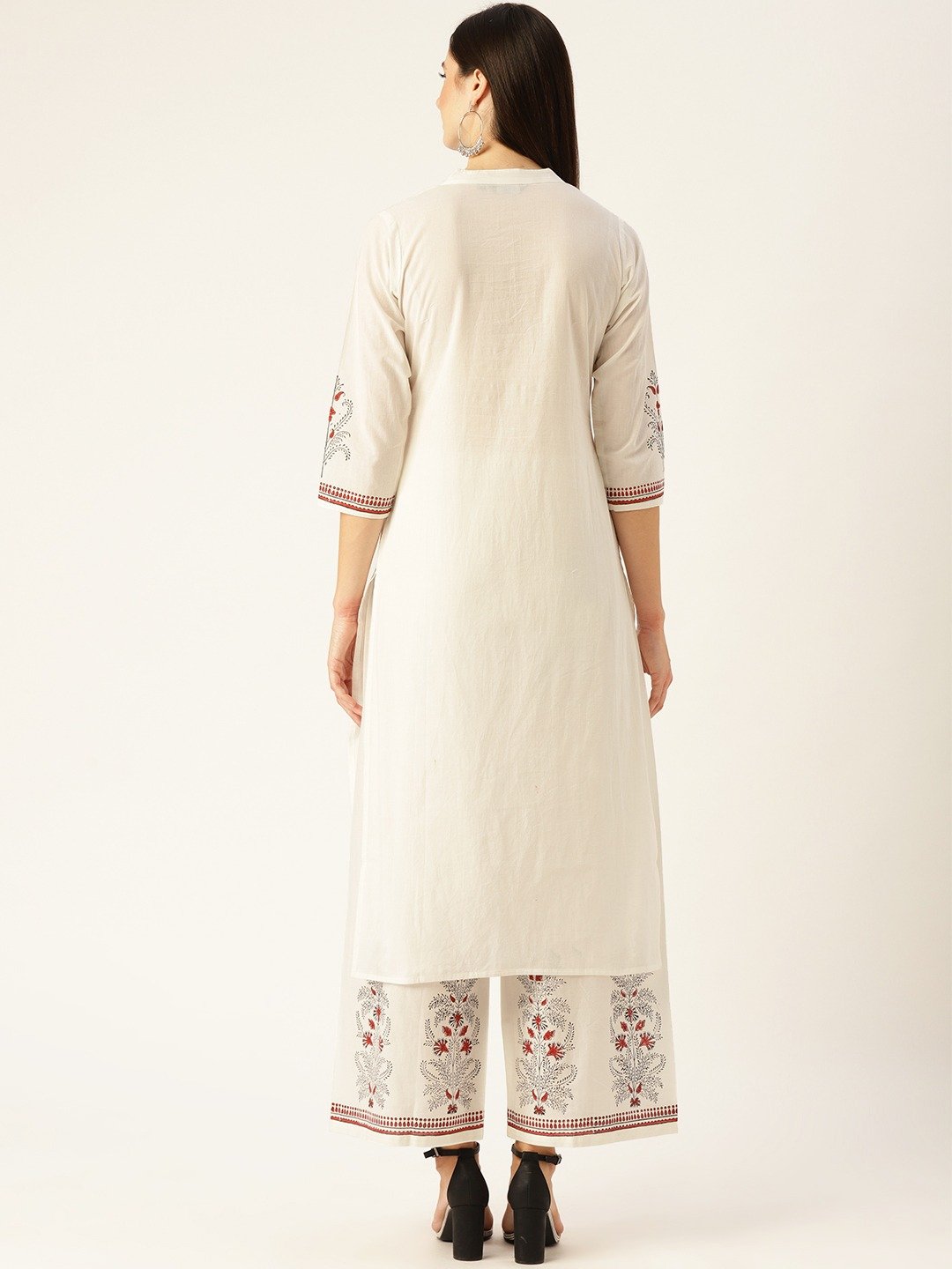Women White Three-Quarter Sleeves Straight Kurta With Palazzo Set | LASVINI - Redefining Indian Fashion with Elegance