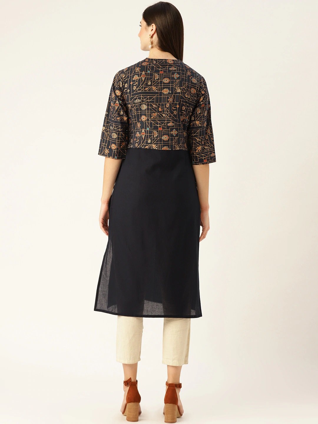 Women Navy Calf Length Three-Quarter Sleeves Straight Solid Printed Cotton Kurta | LASVINI - Redefining Indian Fashion with Elegance