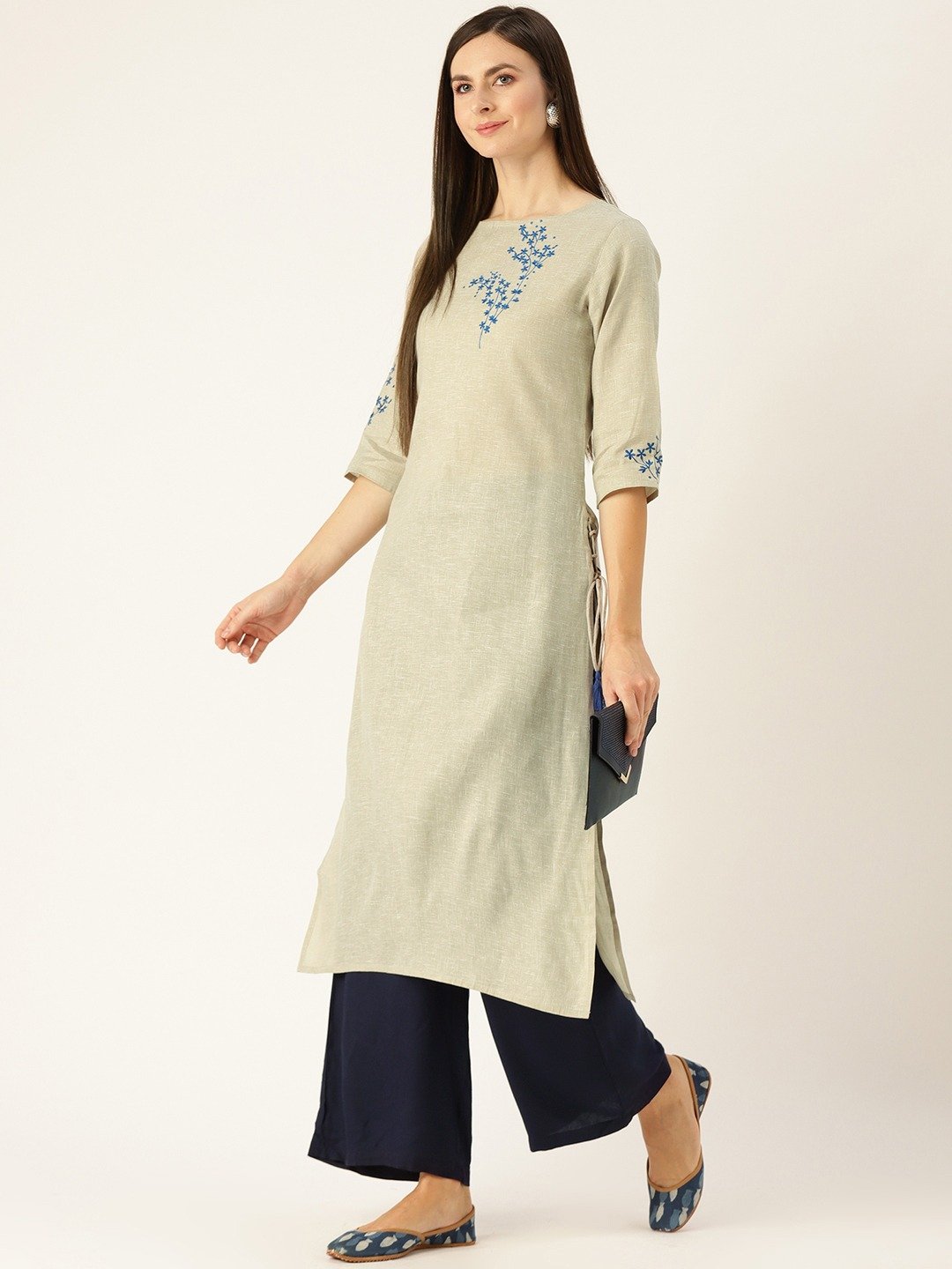 Women Grey Calf Length Three-Quarter Sleeves Straight Woven Design Embroidered Cotton Kurta | LASVINI - Redefining Indian Fashion with Elegance