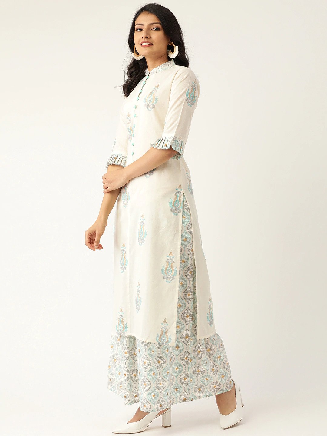 Women White & Grey Printed Kurta With Palazzos | LASVINI - Redefining Indian Fashion with Elegance