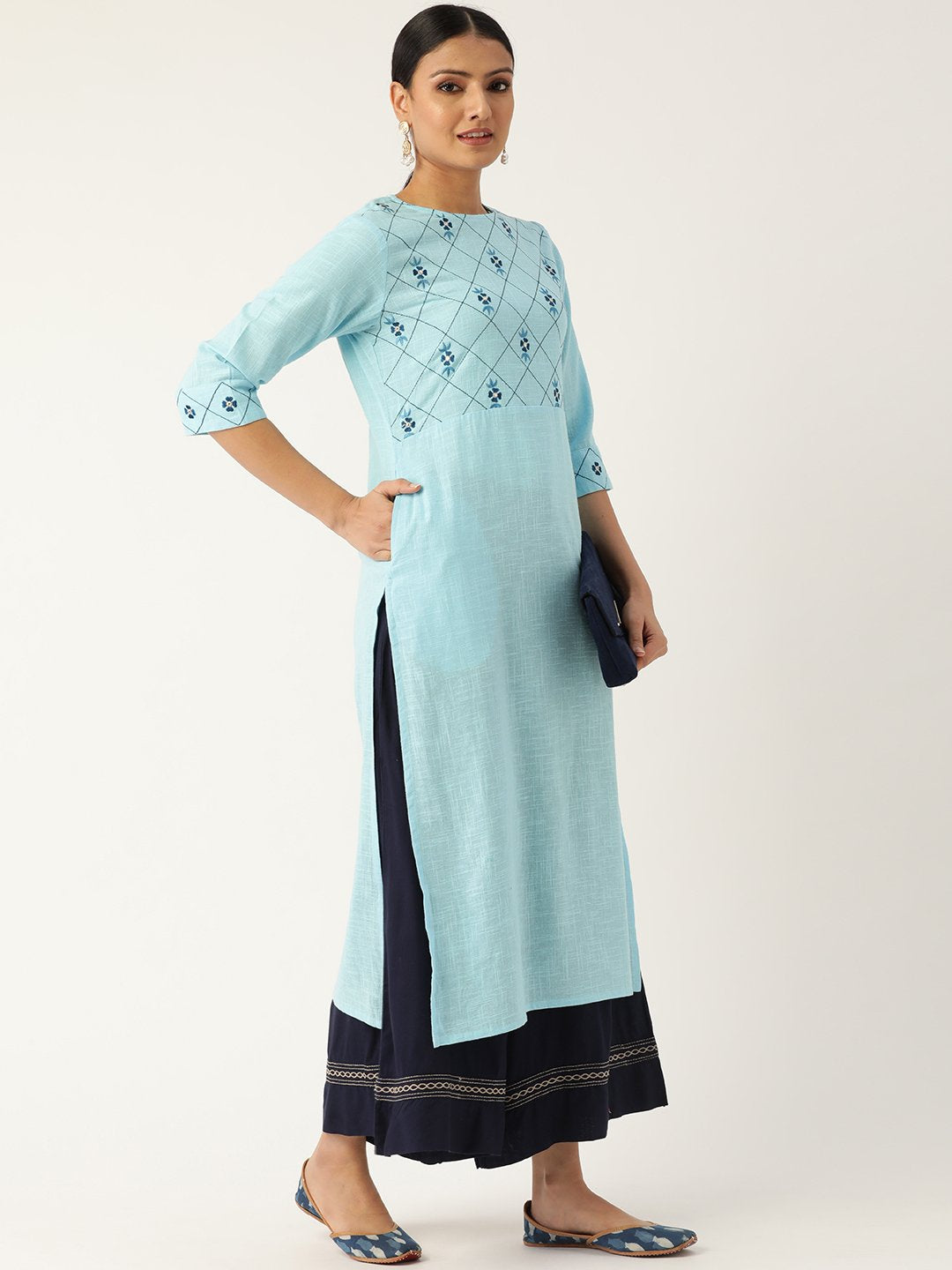 Women Blue Calf Length Three-Quarter Sleeves Straight Solid Embroidered Cotton Kurta | LASVINI - Redefining Indian Fashion with Elegance