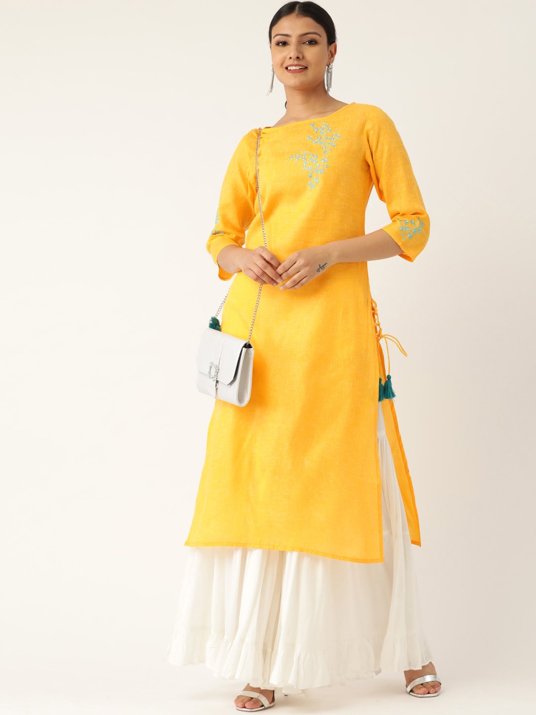 Women Yellow Calf Length Three-Quarter Sleeves Straight Solid Embroidered Cotton Kurta | LASVINI - Redefining Indian Fashion with Elegance
