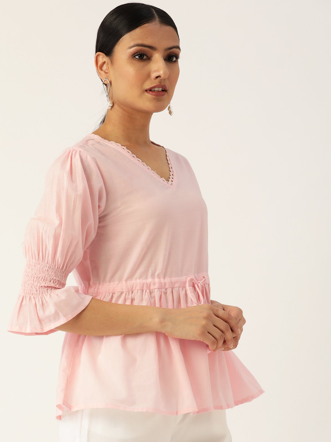 Women Pink Three-Quarter Sleeves Smocking Top | LASVINI - Redefining Indian Fashion with Elegance