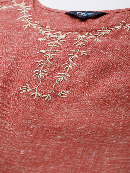 Women Maroon Calf Length Three-Quarter Sleeves Straight Solid Embroidered Cotton Kurta | LASVINI - Redefining Indian Fashion with Elegance