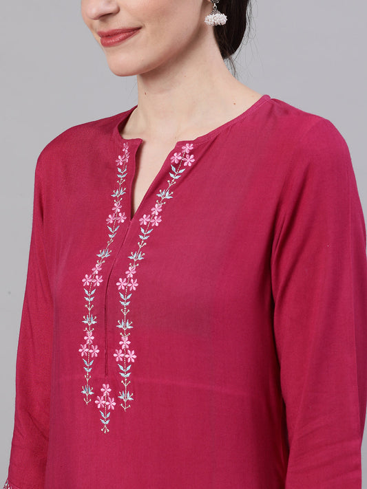 Women Burgundy Three-Quarter Sleeves Straight Kurta Palazzo With Dupatta | LASVINI - Redefining Indian Fashion with Elegance