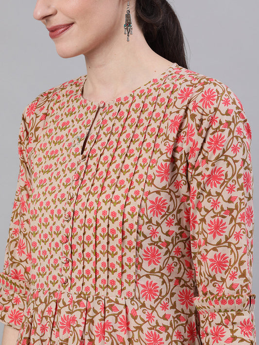 Women Beige Three-Quarter Sleeves Flared Kurta And Palazzo Set | LASVINI - Redefining Indian Fashion with Elegance