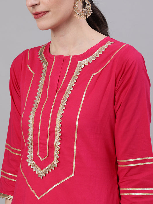 Women Pink Three-Quarter Sleeves Straight Kurta Sharara Set With Dupatta | LASVINI - Redefining Indian Fashion with Elegance