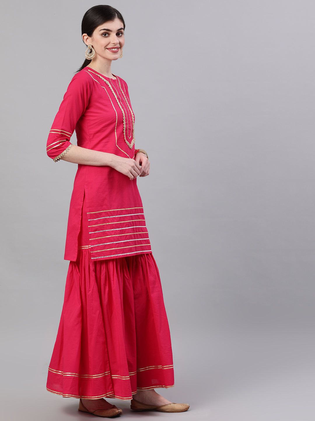 Women Pink Three-Quarter Sleeves Straight Kurta Sharara Set With Dupatta | LASVINI - Redefining Indian Fashion with Elegance