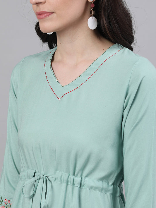 Women Sage Green Solid Solid V-Neck Viscose Rayon Maxi Dress | LASVINI - Redefining Indian Fashion with Elegance