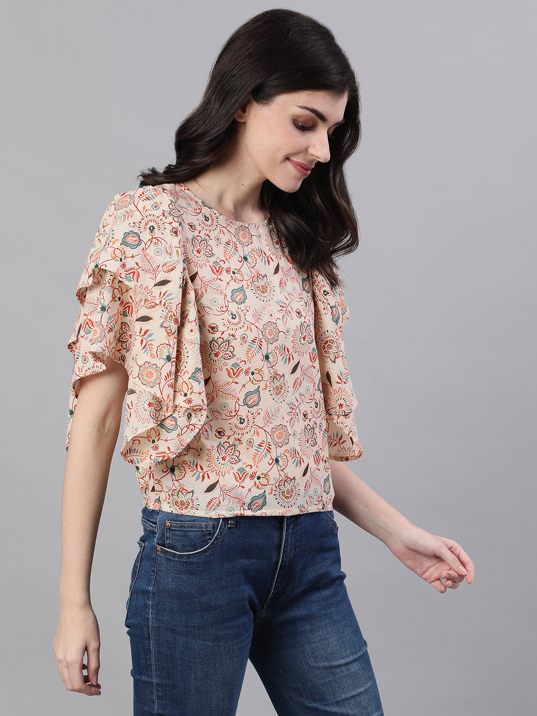Women Cream Short Sleeves Ruffles Top | LASVINI - Redefining Indian Fashion with Elegance