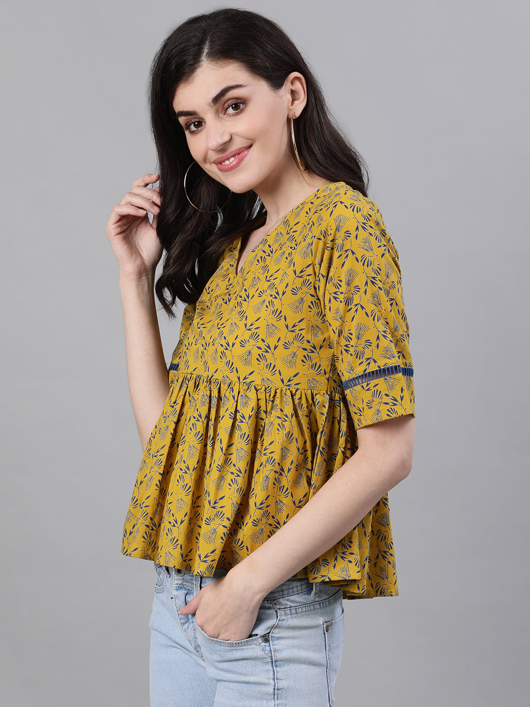 Women Yellow Three-Quarter Sleeves Gathered Or Pleated Top | LASVINI - Redefining Indian Fashion with Elegance