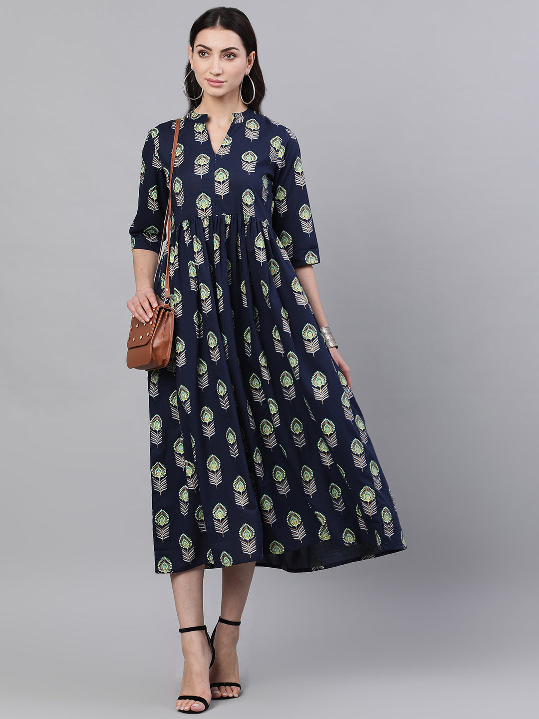 Women Navy Blue Ethnic Motifs Printed Mandarin Collar Cotton Maxi Dress | LASVINI - Redefining Indian Fashion with Elegance