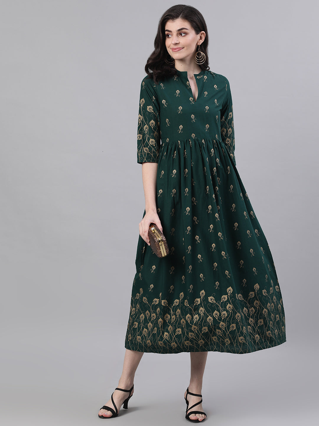Women Green Ethnic Motifs Printed Mandarin Collar Cotton Maxi Dress | LASVINI - Redefining Indian Fashion with Elegance