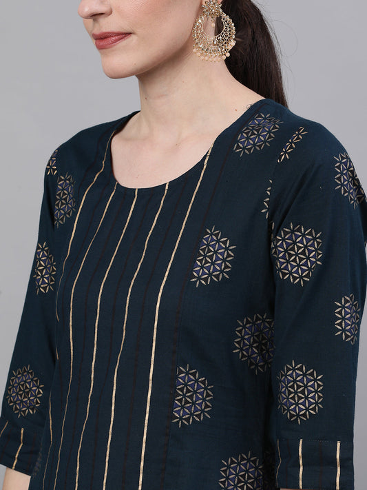 Women Navy Blue Three-Quarter Sleeves Straight Kurta And Palazzo Set | LASVINI - Redefining Indian Fashion with Elegance