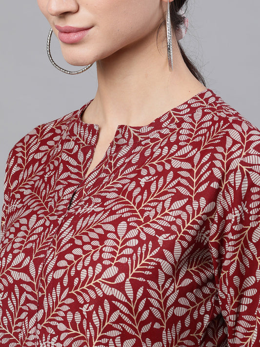 Women Maroon Floral Printed Mandarin Collar Cotton Maxi Dress | LASVINI - Redefining Indian Fashion with Elegance