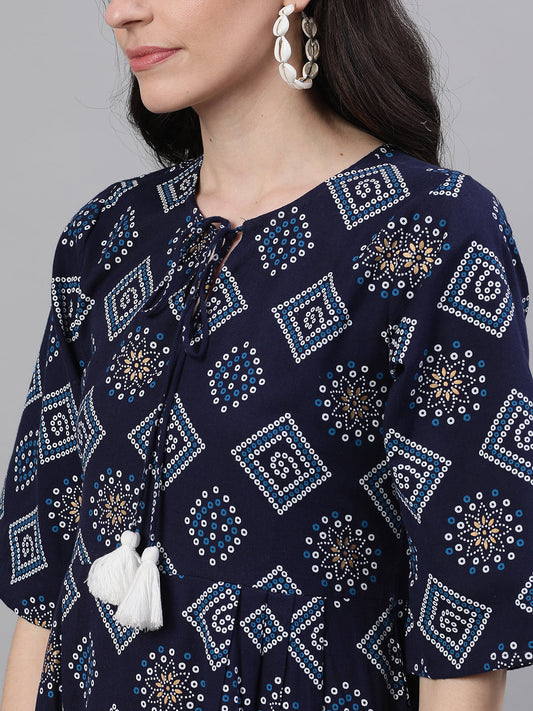 Women Navy Blue Geometric Printed Tie-Up Neck Cotton Maxi Dress | LASVINI - Redefining Indian Fashion with Elegance