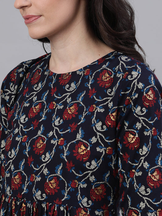 Women Navy Blue Floral Printed Round Neck Cotton Maxi Dress | LASVINI - Redefining Indian Fashion with Elegance