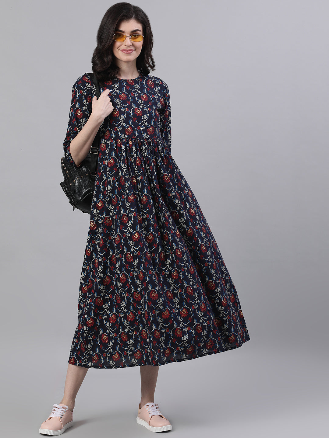 Women Navy Blue Floral Printed Round Neck Cotton Maxi Dress | LASVINI - Redefining Indian Fashion with Elegance