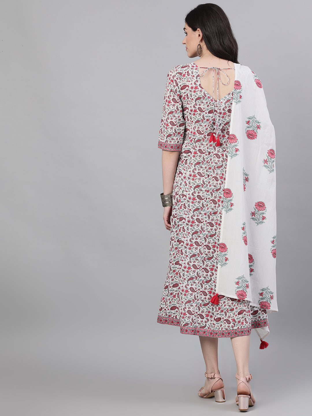 Women White Ethnic Motifs Printed V-Neck Cotton Maxi Dress With Dupatta | LASVINI - Redefining Indian Fashion with Elegance