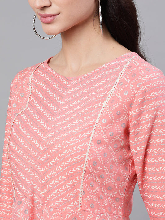 Women Pink Ethnic Motifs Checked Round Neck Cotton Maxi Dress | LASVINI - Redefining Indian Fashion with Elegance