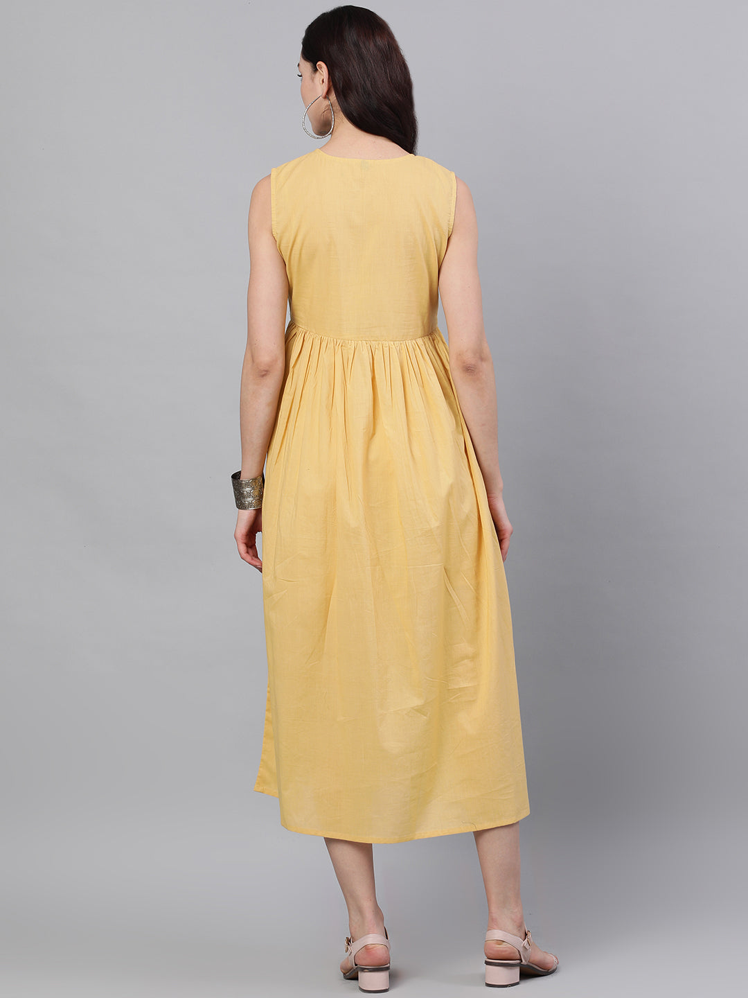 Women Beige Ethnic Motifs Printed Round Neck Cotton A-Line Dress With Shrug | LASVINI - Redefining Indian Fashion with Elegance