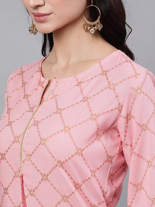 Women Peach Three-Quarter Sleeves Straight Kurta Palazzo With Dupatta | LASVINI - Redefining Indian Fashion with Elegance