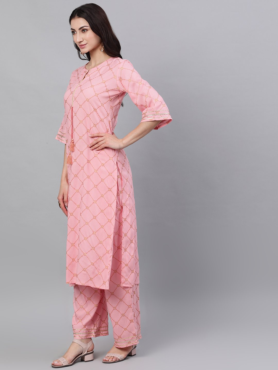 Women Peach Three-Quarter Sleeves Straight Kurta Palazzo With Dupatta | LASVINI - Redefining Indian Fashion with Elegance