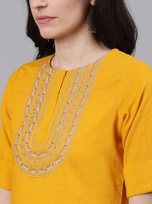 Women Mustard Calf Length Three-Quarter Sleeves Straight Woven Design Solid Cotton Kurta | LASVINI - Redefining Indian Fashion with Elegance