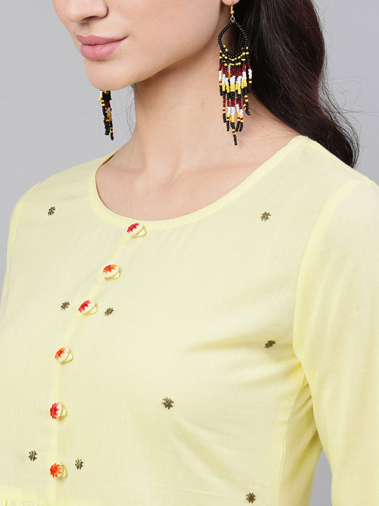 Women Yellow Solid Solid Round Neck Cotton Maxi Dress With Dupatta | LASVINI - Redefining Indian Fashion with Elegance