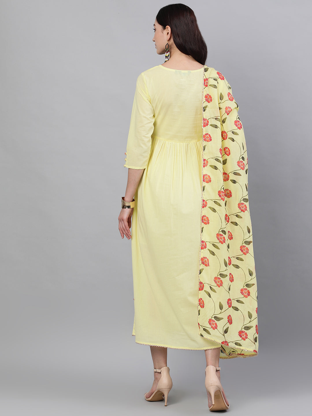 Women Yellow Solid Solid Round Neck Cotton Maxi Dress With Dupatta | LASVINI - Redefining Indian Fashion with Elegance