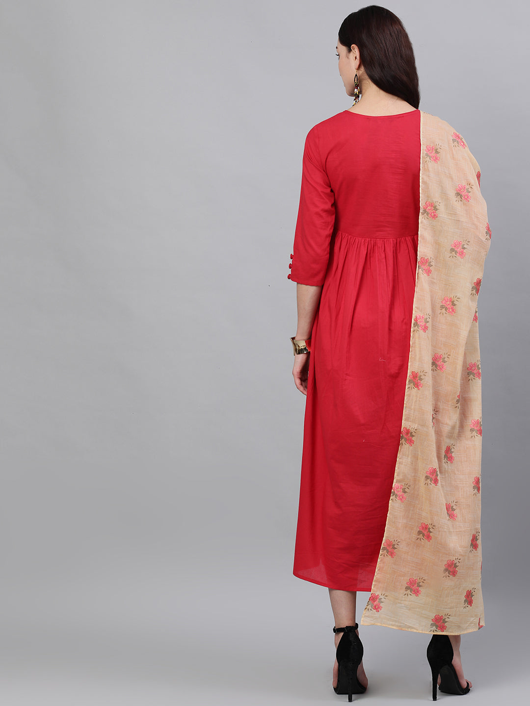Women Red Floral Embroidered V-Neck Cotton Maxi Dress With Dupatta | LASVINI - Redefining Indian Fashion with Elegance