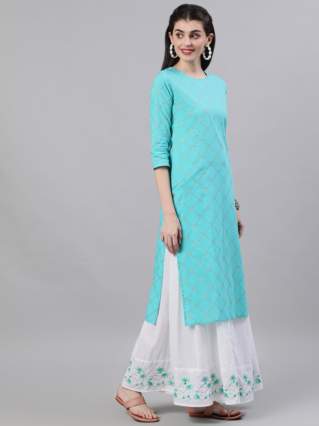 Women Skyblue Three-Quarter Sleeves Straight Kurta Skirt Set With Dupatta | LASVINI - Redefining Indian Fashion with Elegance