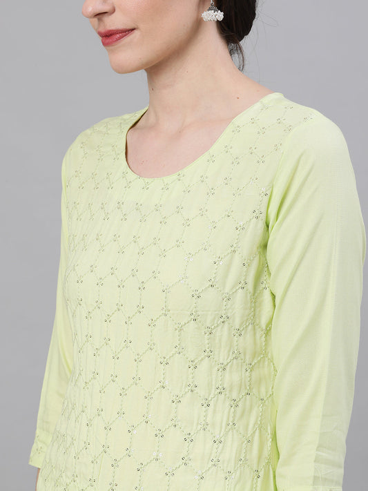 Women Lime Yellow Three-Quarter Sleeves Straight Kurta Skirt Set With Dupatta | LASVINI - Redefining Indian Fashion with Elegance