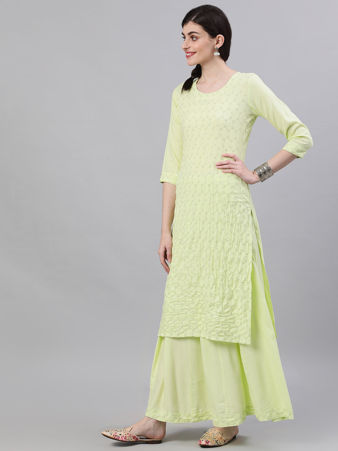 Women Lime Yellow Three-Quarter Sleeves Straight Kurta Skirt Set With Dupatta | LASVINI - Redefining Indian Fashion with Elegance