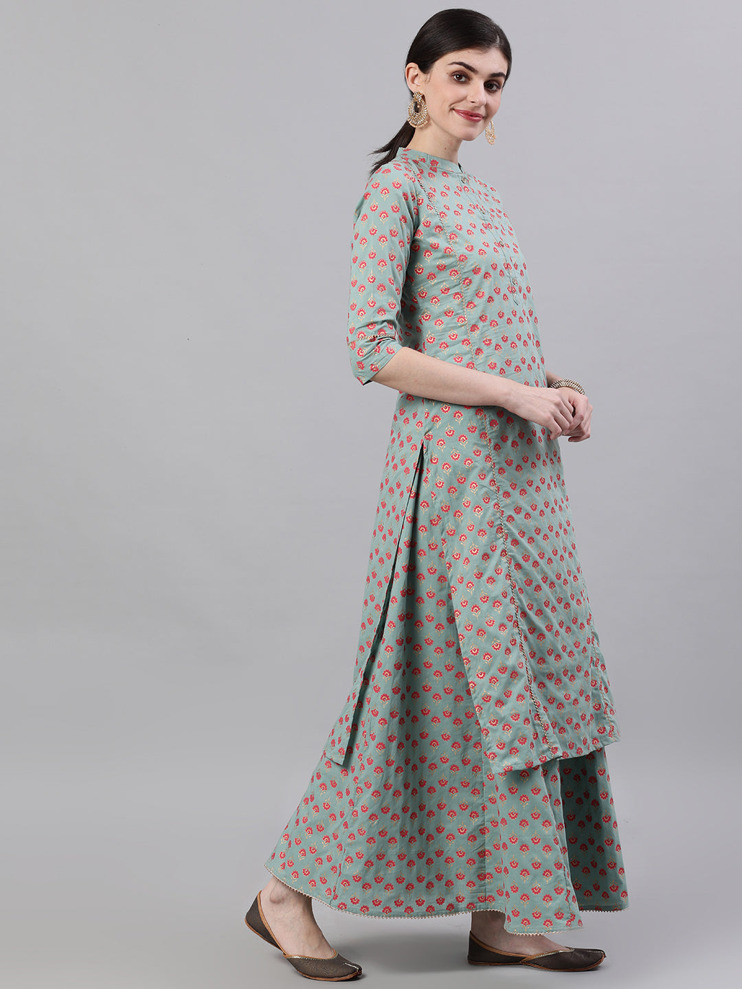 Women Light Green Three-Quarter Sleeves Straight Kurta Skirt Set With Dupatta | LASVINI - Redefining Indian Fashion with Elegance