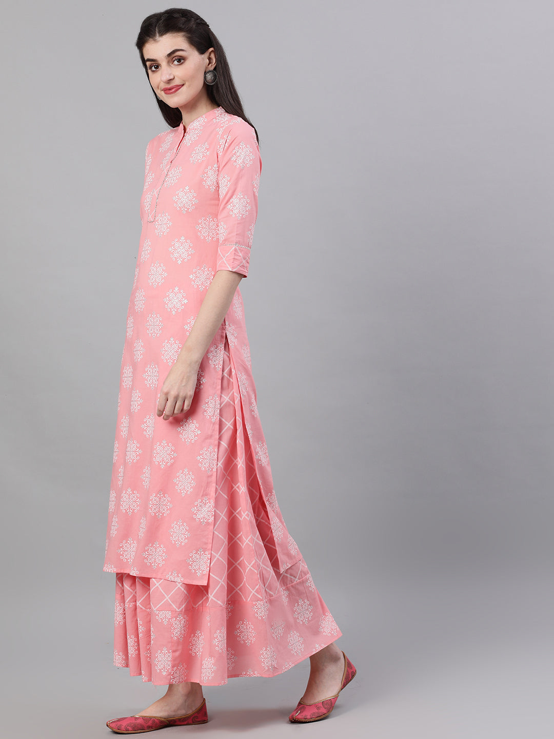 Women Pink Three-Quarter Sleeves Straight Kurta Skirt Set With Dupatta | LASVINI - Redefining Indian Fashion with Elegance