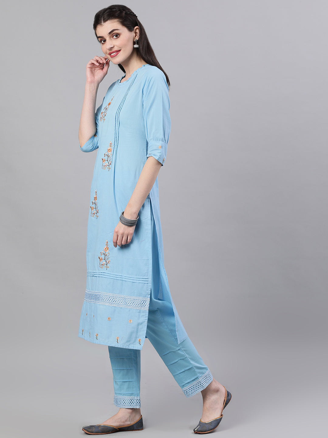 Women Light Blue Three-Quarter Sleeves Flared Kurta Palazzo With Dupatta | LASVINI - Redefining Indian Fashion with Elegance