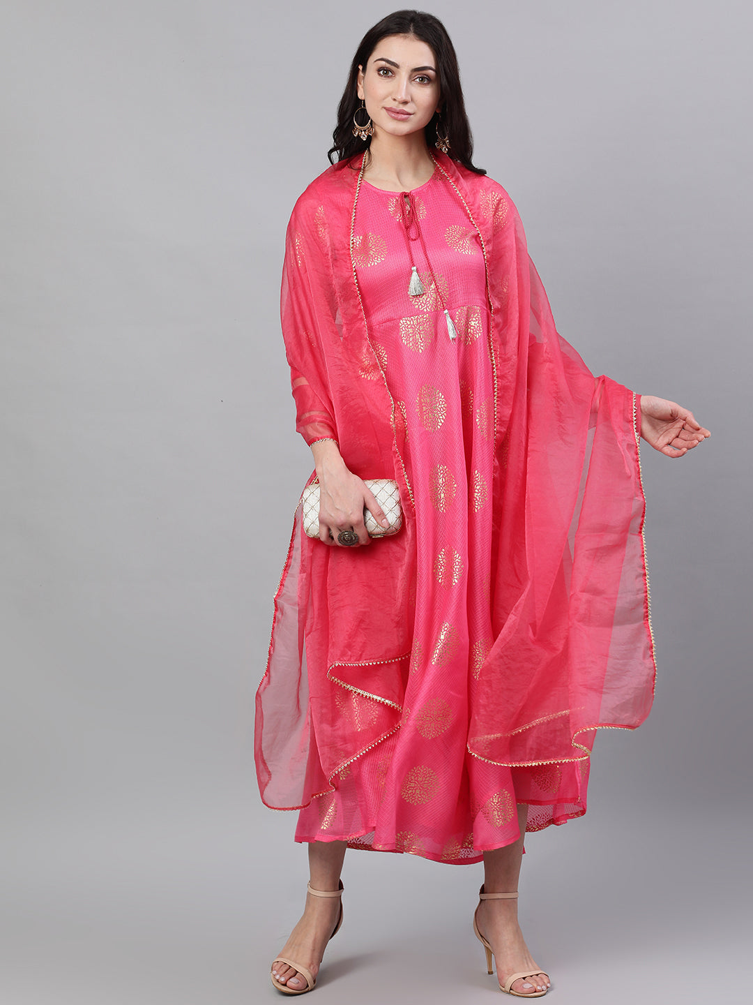 Women Pink Ethnic Motifs Printed Tie-Up Neck Cotton Maxi Dress With Dupatta | LASVINI - Redefining Indian Fashion with Elegance