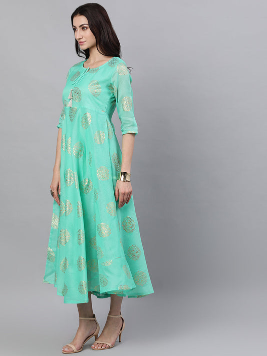Women Green Ethnic Motifs Printed Tie-Up Neck Cotton Maxi Dress With Dupatta | LASVINI - Redefining Indian Fashion with Elegance
