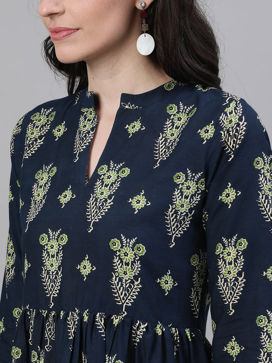 Women Navy Blue Ethnic Motifs Printed Mandarin Collar Cotton Maxi Dress | LASVINI - Redefining Indian Fashion with Elegance
