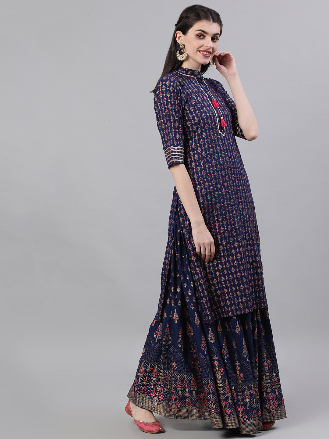 Women Navy Blue Three-Quarter Sleeves Straight Kurta Skirt With Dupatta | LASVINI - Redefining Indian Fashion with Elegance