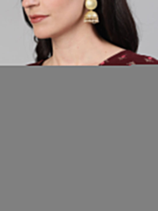 Women Wine Elbow Sleeves Printed A Line Top With Face Mask | LASVINI - Redefining Indian Fashion with Elegance