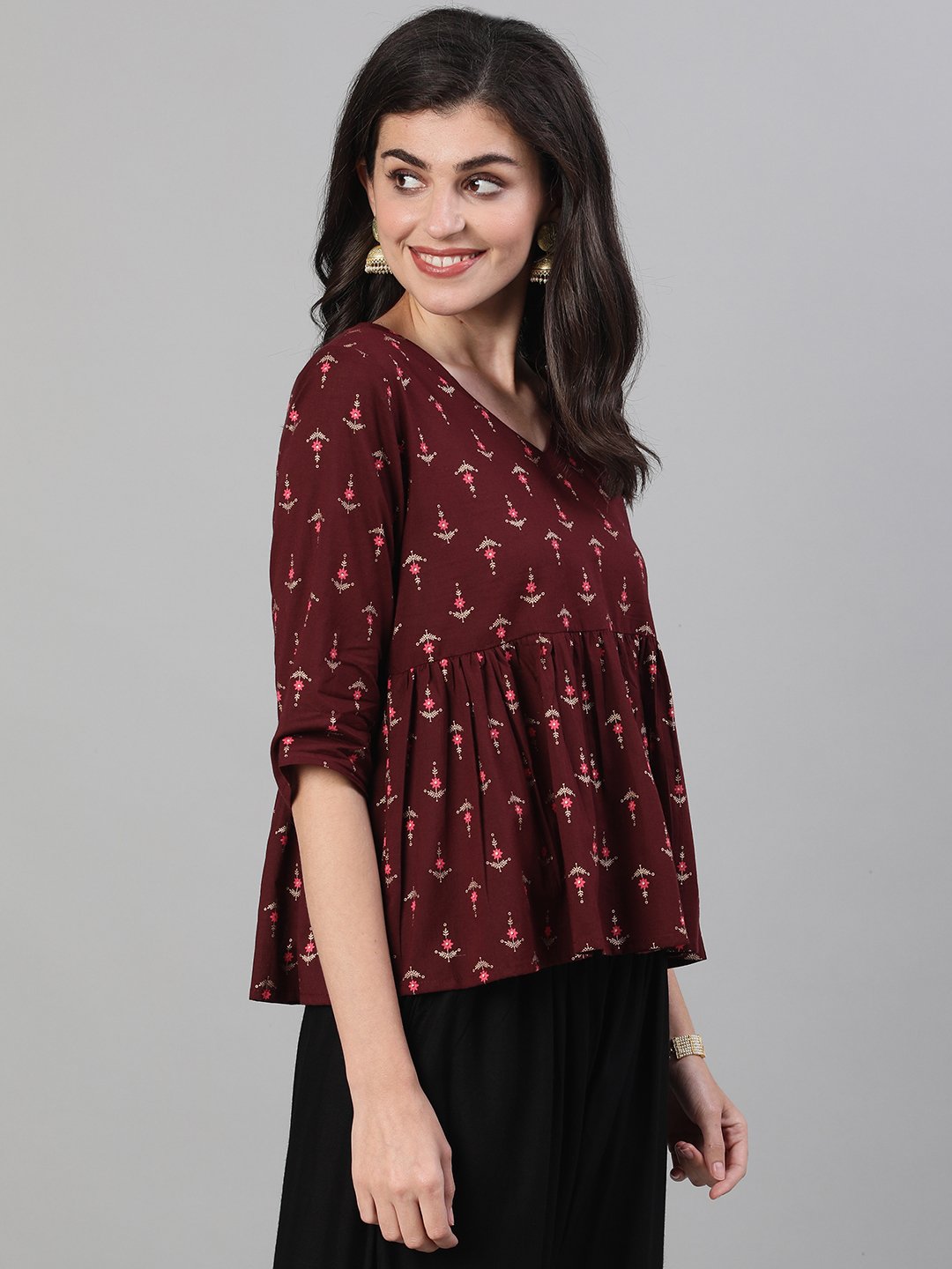 Women Wine Elbow Sleeves Printed A Line Top With Face Mask | LASVINI - Redefining Indian Fashion with Elegance