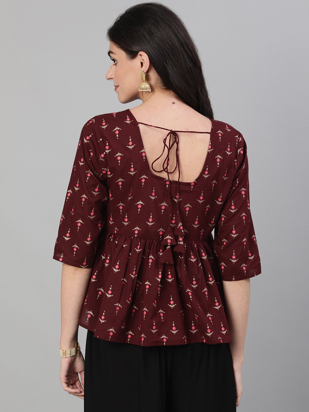 Women Wine Elbow Sleeves Printed A Line Top With Face Mask | LASVINI - Redefining Indian Fashion with Elegance