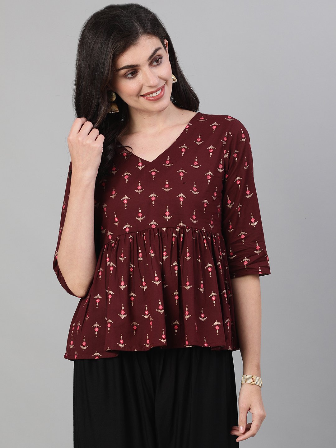 Women Wine Elbow Sleeves Printed A Line Top With Face Mask | LASVINI - Redefining Indian Fashion with Elegance