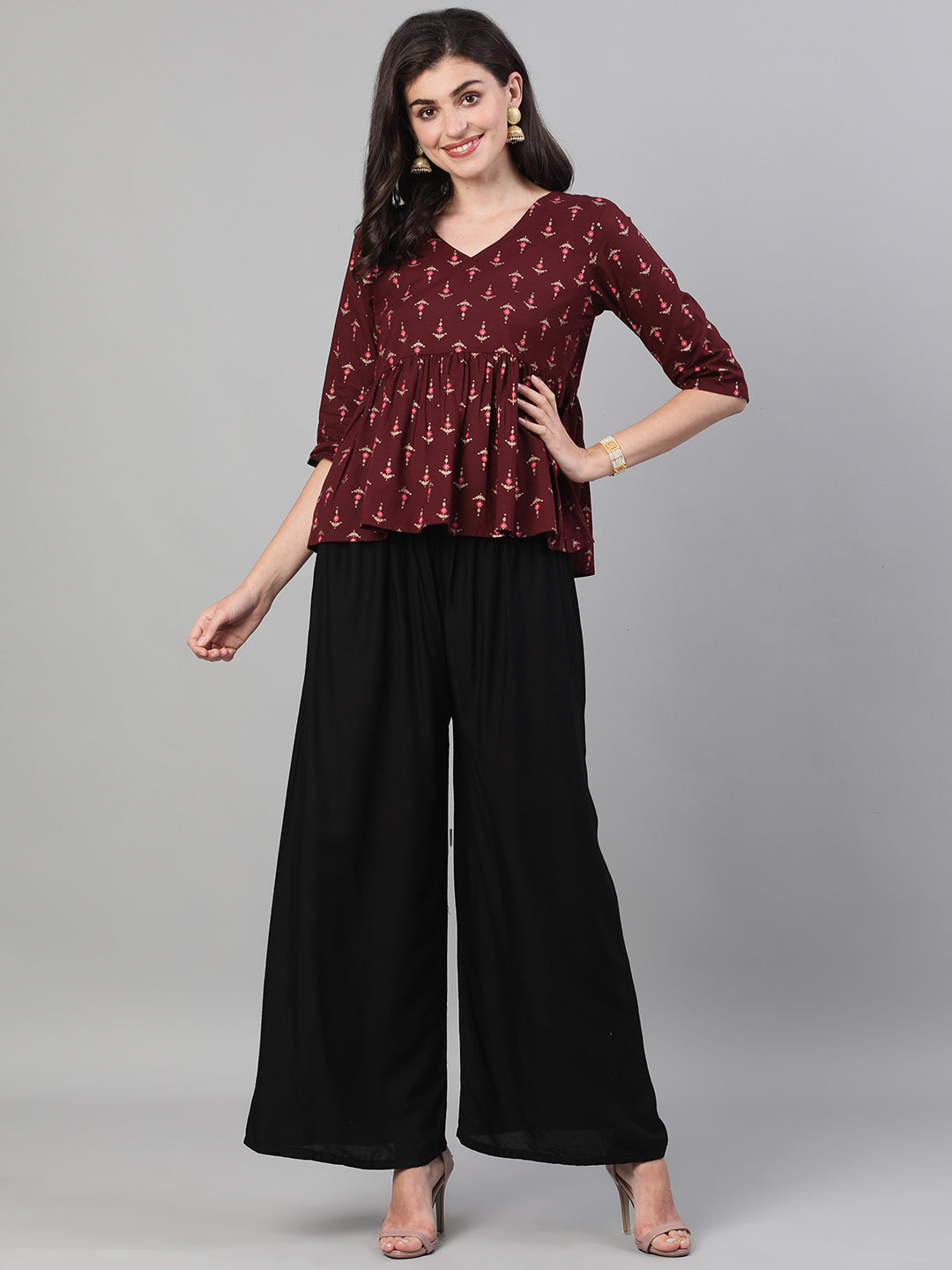 Women Wine Elbow Sleeves Printed A Line Top With Face Mask | LASVINI - Redefining Indian Fashion with Elegance